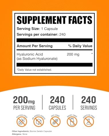 Cápsulas de Ácido Hialurónico BulkSupplements.com - Suplemento de Ácido Hialurónico 200mg, Libre de Gluten, 1 Cápsula por Porción, 240 Contenidos - imagen 2