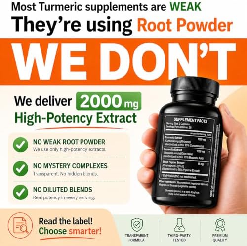 Suplemento de Extracto de Cúrcuma y Boswellia 2000 mg - Alta Potencia con Cúrcuma Curcumina y Extracto de Boswellia Serrata - 95% Curcuminoides - - imagen 3