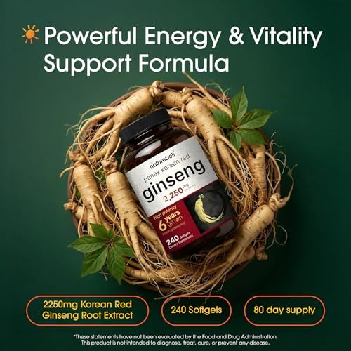 NatureBell Ginseng Rojo Coreano Panax - Suministro Duradero de 240 Softgels - 2,250mg Extracto de Raíz de Ginseng Rojo de 6 Años - Energía y Soporte - imagen 2
