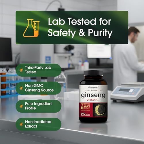 NatureBell Ginseng Rojo Coreano Panax - Suministro Duradero de 240 Softgels - 2,250mg Extracto de Raíz de Ginseng Rojo de 6 Años - Energía y Soporte - imagen 5