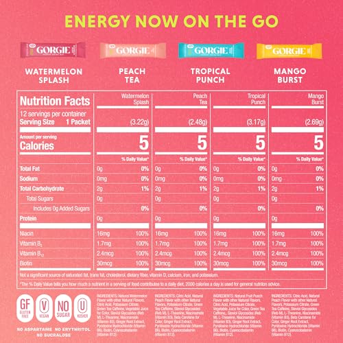 GORGIE Mezcla de Bebida Energética, Sin Azúcar, 150mg de Cafeína de Té Verde, L-Theanina, Biotina, Vitaminas B (B6, B12) - Vegano, Bajo en Calorías, - imagen 2