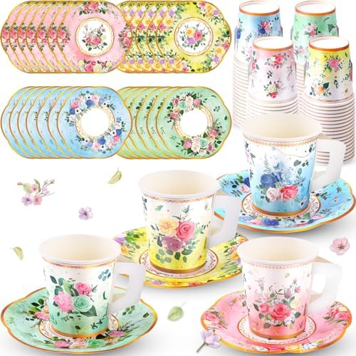 Tazas y Platillos de Papel Floral SUMMORO 160 Pzs 7 Oz Desechables con Asa para Fiesta de Té, Cumpleaños, Baby Shower, Boda y Día de las Madres - imagen 1