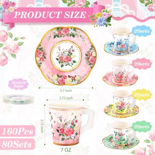 Tazas y Platillos de Papel Floral SUMMORO 160 Pzs 7 Oz Desechables con Asa para Fiesta de Té, Cumpleaños, Baby Shower, Boda y Día de las Madres - imagen 2