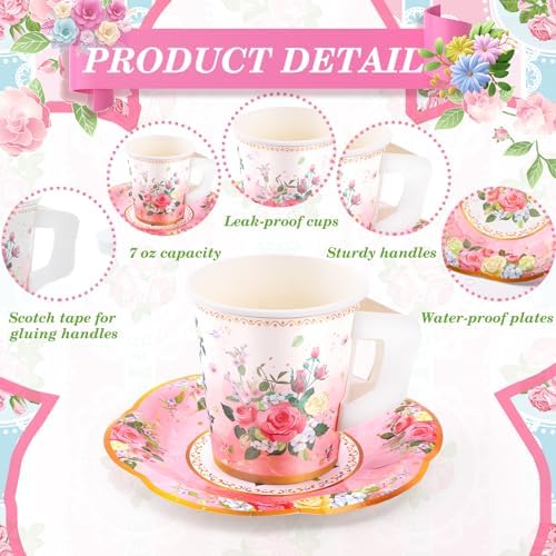 Tazas y Platillos de Papel Floral SUMMORO 160 Pzs 7 Oz Desechables con Asa para Fiesta de Té, Cumpleaños, Baby Shower, Boda y Día de las Madres - imagen 3
