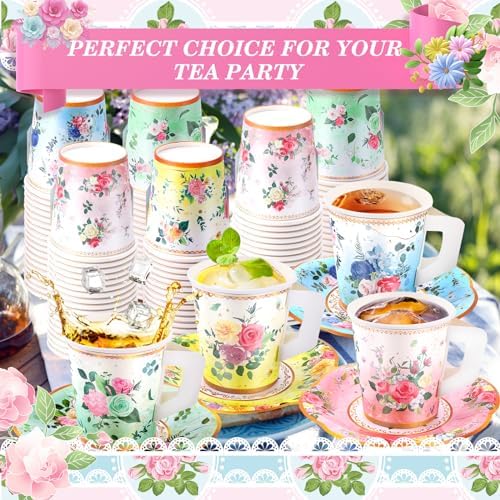 Tazas y Platillos de Papel Floral SUMMORO 160 Pzs 7 Oz Desechables con Asa para Fiesta de Té, Cumpleaños, Baby Shower, Boda y Día de las Madres - imagen 4