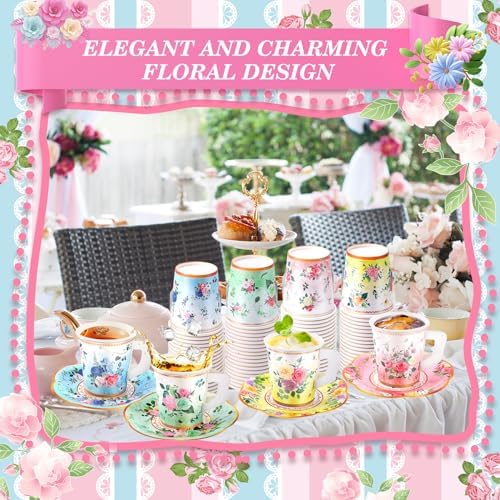 Tazas y Platillos de Papel Floral SUMMORO 160 Pzs 7 Oz Desechables con Asa para Fiesta de Té, Cumpleaños, Baby Shower, Boda y Día de las Madres - imagen 5