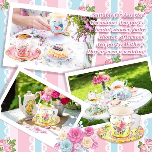 Tazas y Platillos de Papel Floral SUMMORO 160 Pzs 7 Oz Desechables con Asa para Fiesta de Té, Cumpleaños, Baby Shower, Boda y Día de las Madres - imagen 6