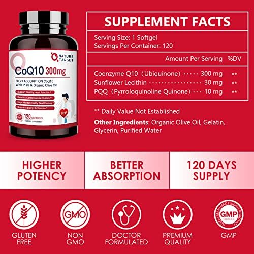 NATURE TARGET CoQ10 300mg en Softgels + PQQ con Aceite de Oliva Orgánico - Alta Absorción - Antioxidante para la Salud del Corazón y Energía, 120 - imagen 2
