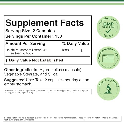Cápsulas de Hongo Reishi (Extracto de Ganoderma 4:1, 1,000mg de Polvo de Reishi Rojo por Porción) 300 Contenidos, Suplemento Potente para el Sistema - imagen 2