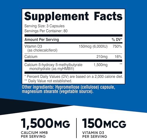 Suplemento Nutricost HMB (1500mg) y Vitamina D3 (6000 IU) - 240 Cápsulas, 80 Porciones - Libre de Gluten y No Transgénico - imagen 2