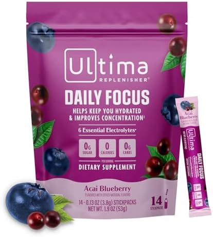 Suplemento Ultima Replenisher Daily Focus en polvo con electrolitos - Sabor Acai Blueberry, 14 Stickpacks - Hidratación con 60mg de cafeína del - imagen 1