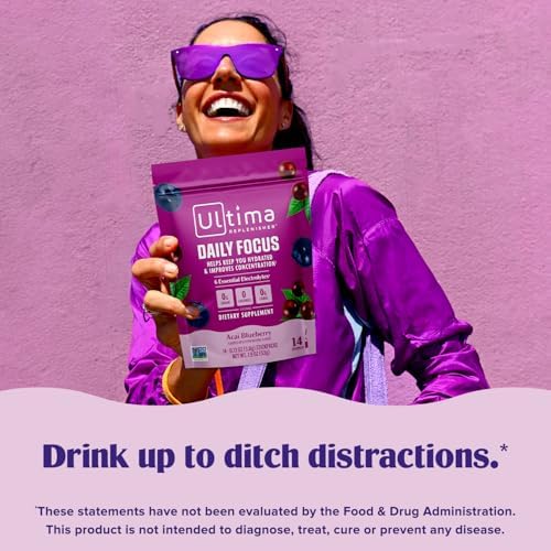 Suplemento Ultima Replenisher Daily Focus en polvo con electrolitos - Sabor Acai Blueberry, 14 Stickpacks - Hidratación con 60mg de cafeína del - imagen 2