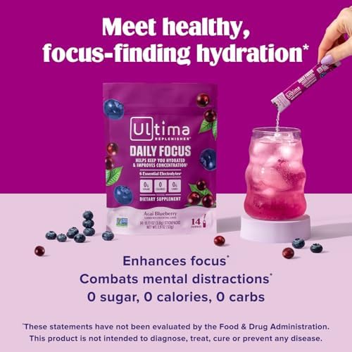 Suplemento Ultima Replenisher Daily Focus en polvo con electrolitos - Sabor Acai Blueberry, 14 Stickpacks - Hidratación con 60mg de cafeína del - imagen 3