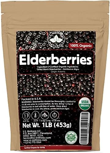 Elderberries U.S. Wellness Naturals – 1lb (Cosecha Silvestre Real) | 100% Orgánico Certificado USDA | Saúco Negro Seco a Granel para Jarabe, Gomas, - imagen 1