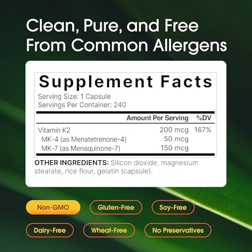 NatureBell Vitamina K2 - 240 Cápsulas - 200mcg Doble Fuerza MK-7 & MK-4 Complejo - Soporte para Corazón, Huesos e Inmunidad* - Fórmula Completa de - imagen 3