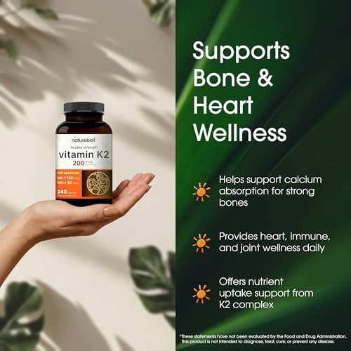NatureBell Vitamina K2 - 240 Cápsulas - 200mcg Doble Fuerza MK-7 & MK-4 Complejo - Soporte para Corazón, Huesos e Inmunidad* - Fórmula Completa de - imagen 4