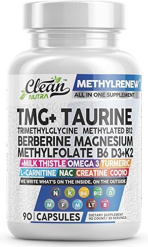 Suplementos Clean Nutra TMG 1000mg | Multivitamínico Metilado para Hombres y Mujeres | Taurina, B6, B12, D3, K2, Trimetilglicina, Magnesio, - imagen 1