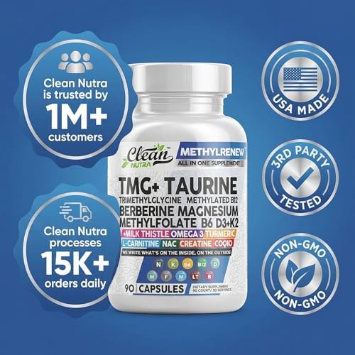 Suplementos Clean Nutra TMG 1000mg | Multivitamínico Metilado para Hombres y Mujeres | Taurina, B6, B12, D3, K2, Trimetilglicina, Magnesio, - imagen 8