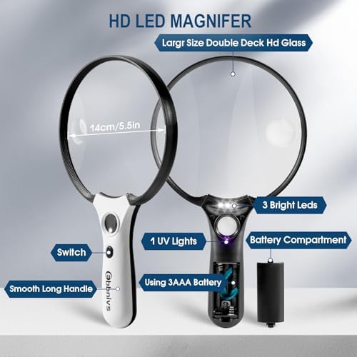 Lupa Grande con Luz, Lupa de Mano Iluminada con 3 Luces LED y 1 Luz UV, Incluye Bolsa de Almacenamiento y Paño de Limpieza para Lectura y Inspección - imagen 6