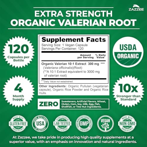 Zazzee Extracto de Raíz de Valeriana Orgánico USDA 10:1, 120 Cápsulas Veganas, 4 Meses de Suministro, Apoyo para Relajación y Ánimo, Hecho en EE. UU. - imagen 3