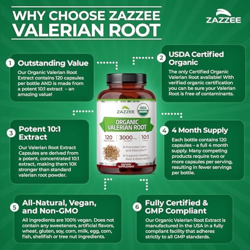 Zazzee Extracto de Raíz de Valeriana Orgánico USDA 10:1, 120 Cápsulas Veganas, 4 Meses de Suministro, Apoyo para Relajación y Ánimo, Hecho en EE. UU. - imagen 6
