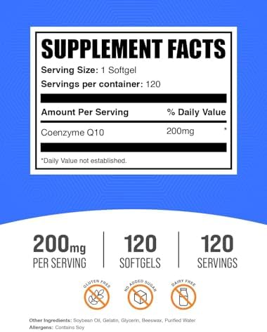 BulkSupplements.com CoQ10 200mg Softgels - Suplemento de Coenzima Q10 para la Salud del Corazón, Libre de Gluten, 120 Cápsulas - imagen 2