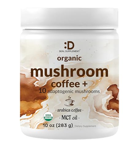 Café Orgánico de Hongos, 10oz – 10 Hongos Adaptogénicos con Café Arábica + Aceite MCT para Sabor Suave – Cola de Pavo, Melena de León, Cordyceps, - imagen 1