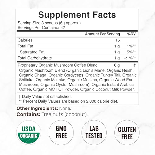 Café Orgánico de Hongos, 10oz – 10 Hongos Adaptogénicos con Café Arábica + Aceite MCT para Sabor Suave – Cola de Pavo, Melena de León, Cordyceps, - imagen 2