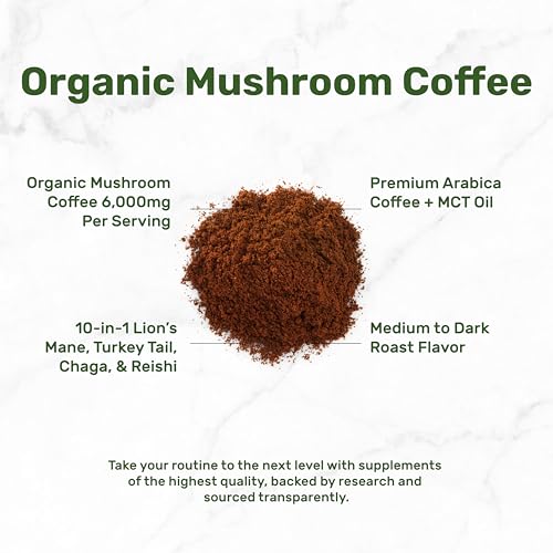 Café Orgánico de Hongos, 10oz – 10 Hongos Adaptogénicos con Café Arábica + Aceite MCT para Sabor Suave – Cola de Pavo, Melena de León, Cordyceps, - imagen 4