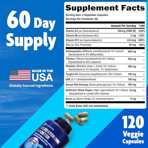 Suplemento Aumentador de Testosterona para Hombres - Mejora Masculina Test Boost - Ashwagandha, Tongkat Ali, Rhodiola, Tribulus, Vitamina D3, B6, B12 - imagen 2