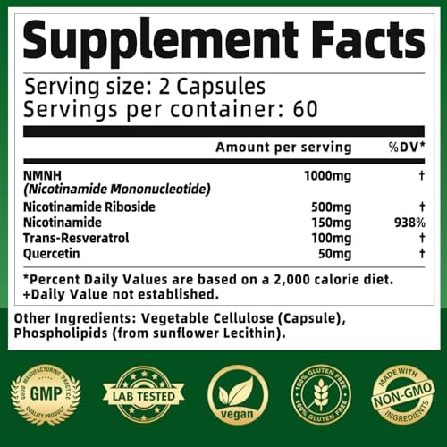 Suplemento NMNH 1000mg - Alternativa a Nicotinamida Mononucleótido, Aumenta NAD+ con Resveratrol Liposomal y Nicotinamida Ribósido NR, 120 Cápsulas - imagen 5