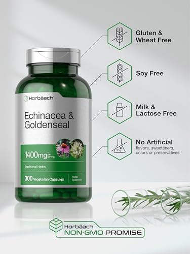 Suplemento de Echinacea y Goldenseal Horbäach | 300 Cápsulas | Fórmula de Extracto Herbal Tradicional | Vegetariano, Sin OGM, Sin Gluten - imagen 5