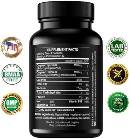 Cápsulas de Polvo de Chlorella y Spirulina 3000 mg - Algas Verdeazuladas Purísimas Sin BMAA - Superalimento Vegano Natural - Hecho en EE. UU. - imagen 2