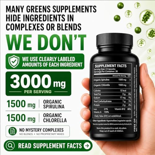 Cápsulas de Polvo de Chlorella y Spirulina 3000 mg - Algas Verdeazuladas Purísimas Sin BMAA - Superalimento Vegano Natural - Hecho en EE. UU. - imagen 3