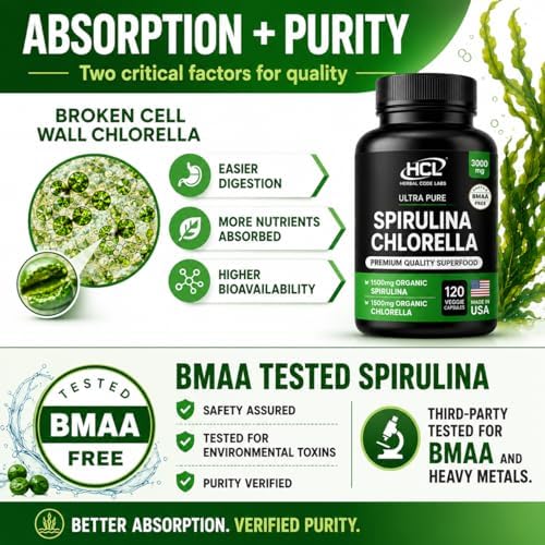 Cápsulas de Polvo de Chlorella y Spirulina 3000 mg - Algas Verdeazuladas Purísimas Sin BMAA - Superalimento Vegano Natural - Hecho en EE. UU. - imagen 4
