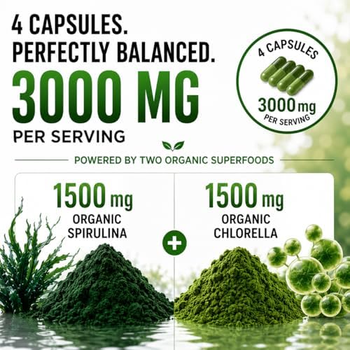 Cápsulas de Polvo de Chlorella y Spirulina 3000 mg - Algas Verdeazuladas Purísimas Sin BMAA - Superalimento Vegano Natural - Hecho en EE. UU. - imagen 5