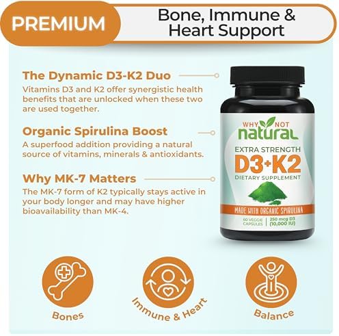 Suplemento Extra Fuerte de Vitamina D3 K2 (MK-7) con Espirulina Orgánica, 10000 IU en Cápsulas Veganas, Apoya la Salud Ósea, Inmunidad y Ánimo - imagen 2