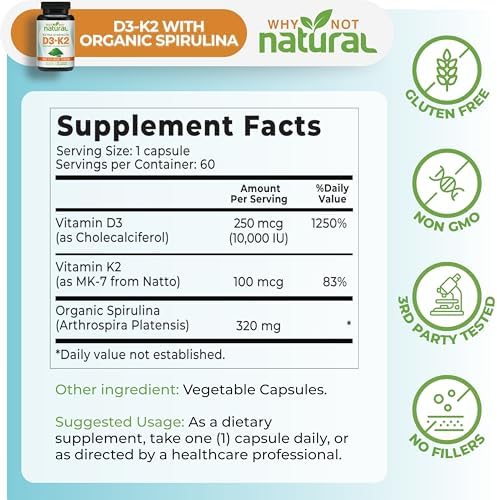 Suplemento Extra Fuerte de Vitamina D3 K2 (MK-7) con Espirulina Orgánica, 10000 IU en Cápsulas Veganas, Apoya la Salud Ósea, Inmunidad y Ánimo - imagen 4