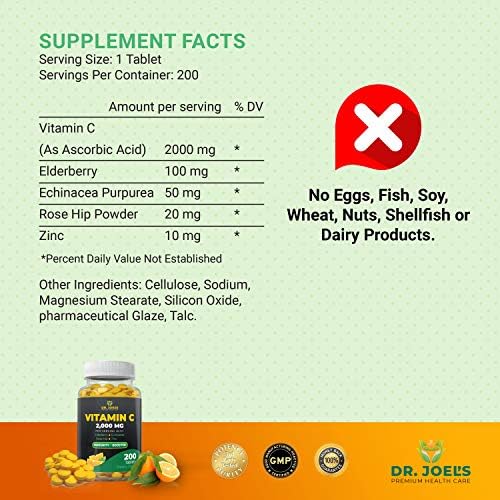 Vitamina C 2000 mg Dr. JOEL'S para Soporte Inmunológico - 200 Tabletas con Zinc, Saúco, Rosa Mosqueta y Equinácea - Refuerza el Sistema Inmunológico - imagen 2
