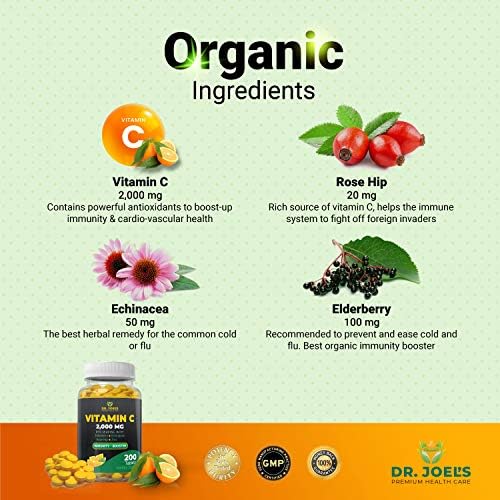 Vitamina C 2000 mg Dr. JOEL'S para Soporte Inmunológico - 200 Tabletas con Zinc, Saúco, Rosa Mosqueta y Equinácea - Refuerza el Sistema Inmunológico - imagen 3