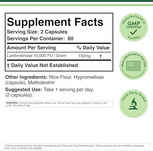 Suplemento de Enzimas Lumbroquinasa - 120 Cápsulas (Máxima Actividad 10,000 FU/Gramo) 150mg por Porción (Sin Rellenos, No OGM, Sin Gluten) para - imagen 2