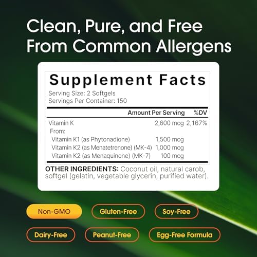 NatureBell Complejo de Vitamina K - 300 Softgels - 2,600mcg de Vitamina K - Suplemento para Huesos y Corazón - Alta Absorción K1 & K2 MK-4 & MK-7* - imagen 3