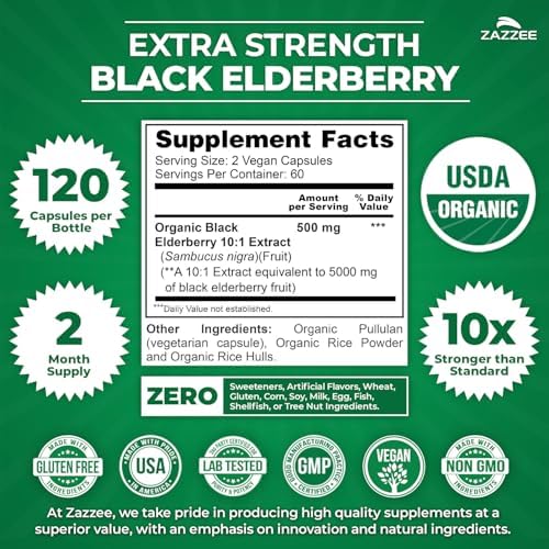 Zazzee Extracto de Saúco Negro Orgánico USDA 10:1, 120 Cápsulas Veganas, 2 Meses de Suministro, Antioxidante y Apoyo Inmunológico, Hecho en EE. UU. - imagen 2