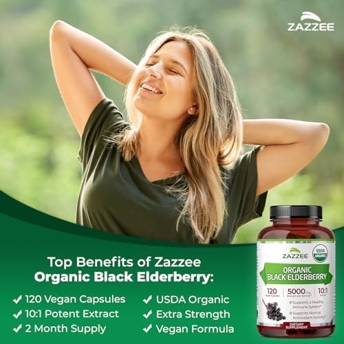 Zazzee Extracto de Saúco Negro Orgánico USDA 10:1, 120 Cápsulas Veganas, 2 Meses de Suministro, Antioxidante y Apoyo Inmunológico, Hecho en EE. UU. - imagen 4