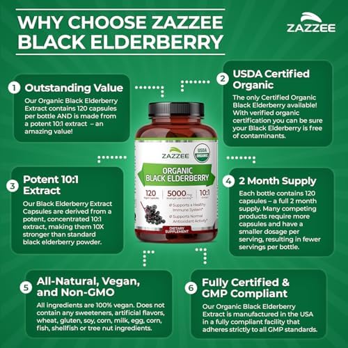 Zazzee Extracto de Saúco Negro Orgánico USDA 10:1, 120 Cápsulas Veganas, 2 Meses de Suministro, Antioxidante y Apoyo Inmunológico, Hecho en EE. UU. - imagen 6