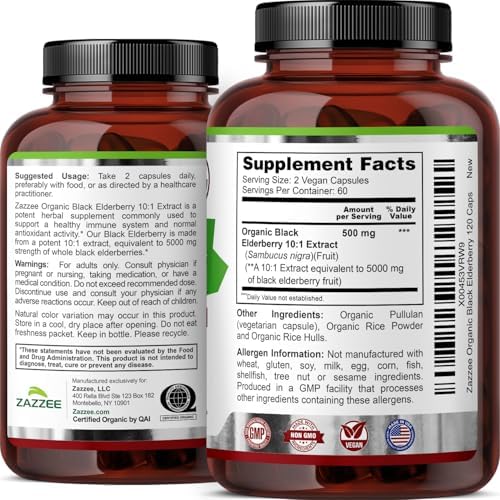 Zazzee Extracto de Saúco Negro Orgánico USDA 10:1, 120 Cápsulas Veganas, 2 Meses de Suministro, Antioxidante y Apoyo Inmunológico, Hecho en EE. UU. - imagen 8