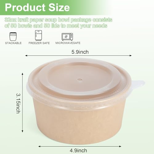 DUIBAOCHUN 50 Pzs Contenedores Desechables de 32 Oz para Comida, Tazones de Papel con Tapa, Tazones Desechables para Sopa y Ensalada - imagen 2