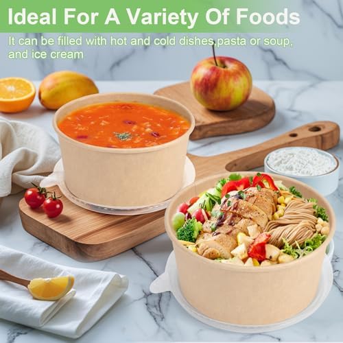 DUIBAOCHUN 50 Pzs Contenedores Desechables de 32 Oz para Comida, Tazones de Papel con Tapa, Tazones Desechables para Sopa y Ensalada - imagen 3