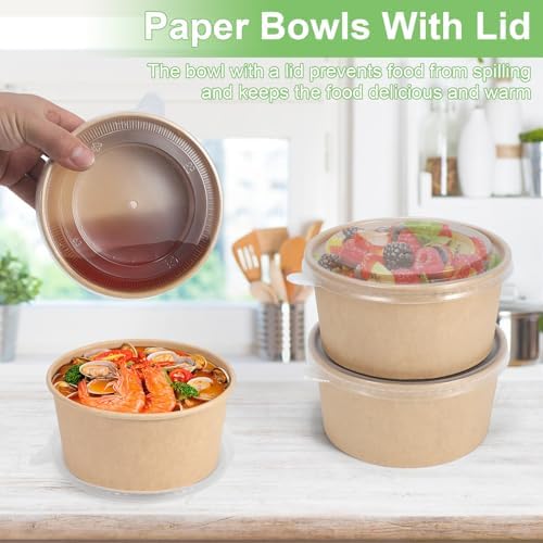 DUIBAOCHUN 50 Pzs Contenedores Desechables de 32 Oz para Comida, Tazones de Papel con Tapa, Tazones Desechables para Sopa y Ensalada - imagen 6