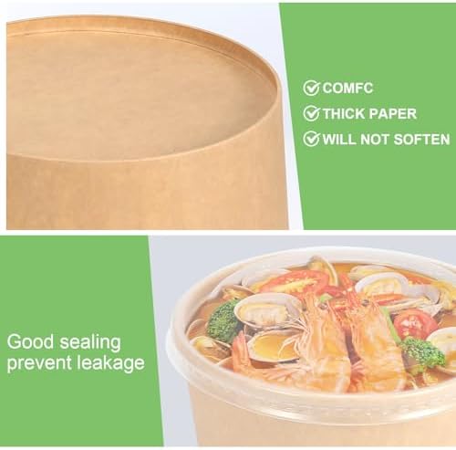 DUIBAOCHUN 50 Pzs Contenedores Desechables de 32 Oz para Comida, Tazones de Papel con Tapa, Tazones Desechables para Sopa y Ensalada - imagen 7